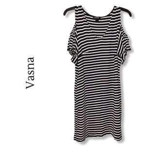Vasna Black and White Stripped V-Neck Cold Shoulder Dress